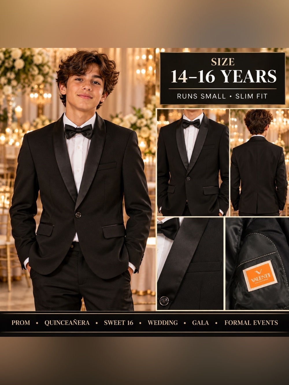 Boys Black Tuxedo Blazer Satin Shawl Lapel Size 14-16 Formal